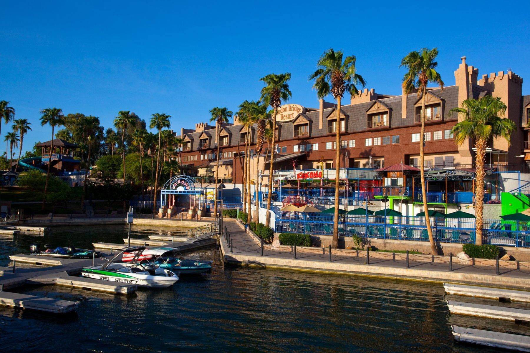 London Bridge Resort exterior from the waterfront dock